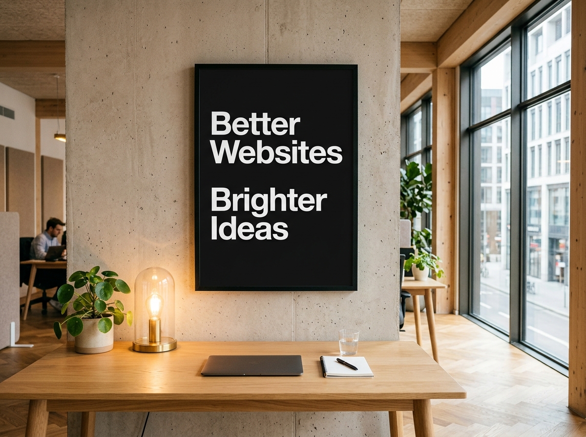 Framed studio poster reading Better Websites Brighter Ideas at FeXsics