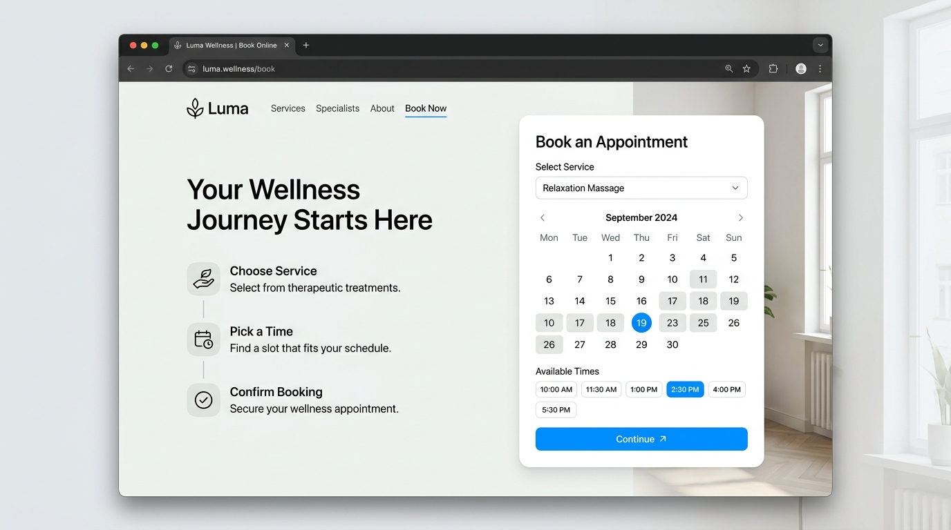 Luma wellness appointment booking UI mockup